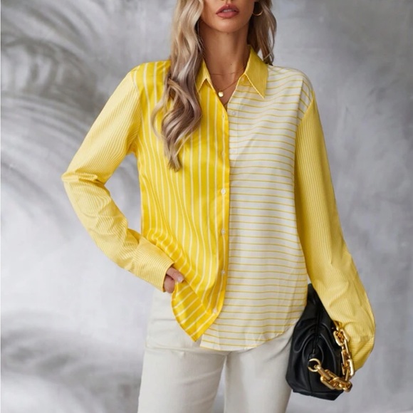 Classic Top Blouse Button Down Shirt Yellow White - Picture 6 of 10